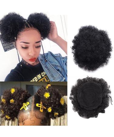 8inch Black Big Afro Puff Drawstring Ponytail Hair Extenion Short Curly Hair Bun Pony Puff Synthetic Updo Hairpieces with Clip for Women Girls (1PC))