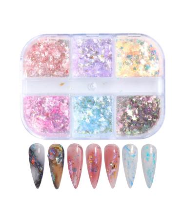 Suxgumoe Holographic Mermaid Nail Art Glitter Sequins 6 Grids Irregular Aurora Nail Sequins Opal Glitter Flakes Iridescent Powder Nail Foil Nail Art Decoration 50 g D Opal Powder