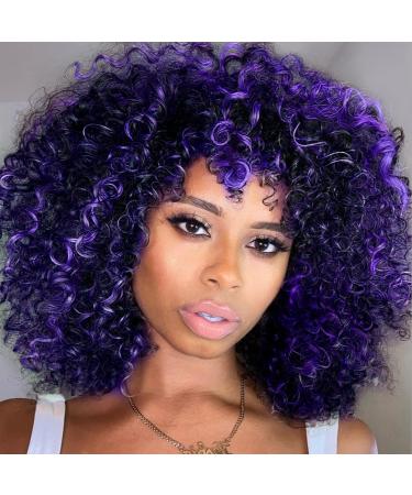 Curly Wigs for Black Women - Curly Afro Wig with Bangs Purple Mixed Blue Synthetic Hair Afro Curly Wigs with 1 Wig Comb and 4pcs Wig Caps 15 Inch (Pack of 1) T15717C# Mixed Blue