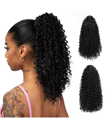 YUMOREAL Black Kinky Curly Drawstring Ponytail Extension for Black Women 16 Inch Synthetic Clip in Afro Wavy Pony Tail 1B 1B(Natural Black)