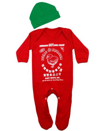 Baby Moo's SRIRACHA Baby Sleepsuit & Hat Set for Boys or Girls | Novelty Funny Cute Chili Sauce Romper Outfit - New Baby or Parents Gift UK 0-3 Months Red