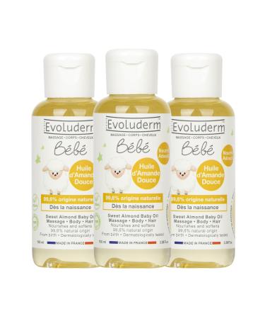 EVOLUDERM - Baby Sweet Almond Oil - Nourishes - Softens - Protects - 100 ml - 99.6% Natural Origin - Vegan - Made in France - Pack of 3 x 100 ml