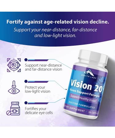 Vision 20 by Zenith Labs - Clinically Proven Lutein & Zeaxanthin with Zinc Citrate for Enhanced Eye Health - Support Eyesight at All Distances & Lighting Conditions - Buy Online on GoSupps.com