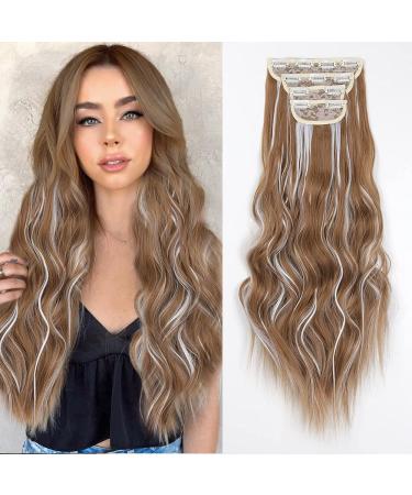 Yddm hair extensions clip in extensions wavy hair extension full of head like real hair hair extreme clips cheap clip extensions synthetic hair part for women (24 -inch 4pcs) 24 inch 27h60#