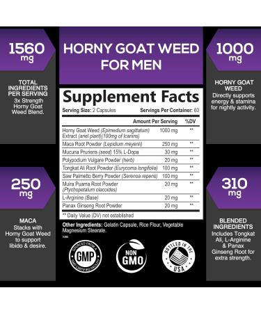 Extra Strength Horny Goat Weed Extract 1560mg - 3X Performance Energy Drive Size Stamina with Maca Saw Palmetto Ginseng - 120 Capsules - Buy Online on GoSupps.com