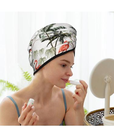 Microfiber Hair Drying Cap - Quick Drying Flamingo Palm Trees Towel for Curly Long & Thick Hair | Soft Absorbent Hair Wrap with Button - Buy Online on GoSupps.com