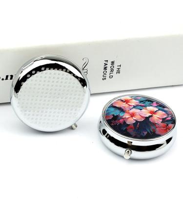 Round Pill Box with Tropical Flowers - 3 Compartment Decorative Metal Portable Organizer for Travel - Buy Online on GoSupps.com