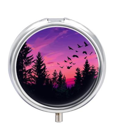 Pill Box Pill Case 3 Compartment Travel Pill Box Trees and Birds Printing Small Pill Box Portable Medicine Pill Case Pill Organizer for Purse & Pocket for Travel Handbag (Round)