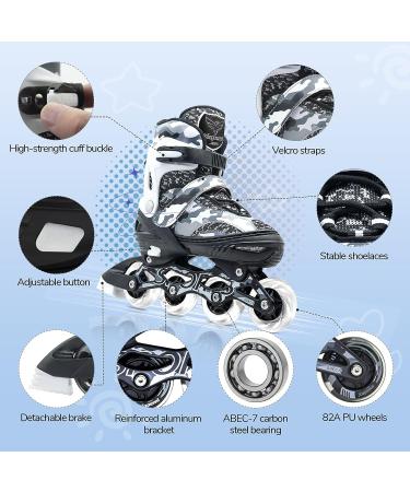 Adjustable Roller Blades Inline Skates for Kids & Adults | Light Up Outdoor Indoor Skates | Black Camo | Size Large (4-7 US) - Buy Online on GoSupps.com