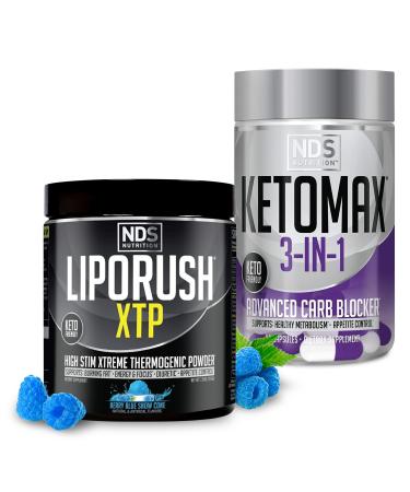 LIPORUSH NDS Nutrition XTP Thermogenic Blue Berry Snow Cone (45 Servings) and Keto-Max Advanced 3-in-1 Pills Carb Blocker Appetite Suppressant (90 Capsules)