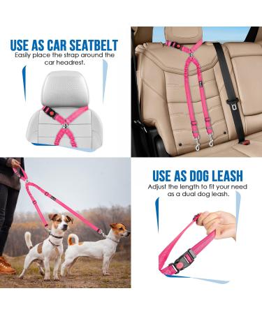 Slowton Double Strapping Dog Car Seat Belt - 2-in-1 Durable Elastic Design for Medium Dogs | Pink Fluorescent | Rotatable Stainless Steel Carabiner for Safe Travel - Buy Online on GoSupps.com