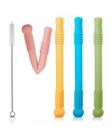 Samar Valley Teething Tubes - Pack of 4 Safe Silicone Baby Straws with Cleaning Brush and Different Surfaces/Colors for Healthy Molar Growth Color Recognition and Motor Control