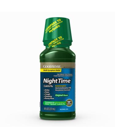 GoodSense Nighttime Cold & Flu Relief Pain Reliever Fever Reducer Cough Suppressant & Antihistamine Effective Multi-Symptom Relief 8 Fl Oz Green Original 8 Fl Oz (Pack of 1)