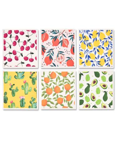 Set of 6 Kitchen Cherry Orange Vegetable Lemons Cactus Avocado Swedish Dishcloths Cleaning Cloths Towels Absorbent Quick Drying Dish Towels for Counter Wipes