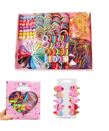 790 pcs Hair Tie Set for Girls  Toddler Kids Hair Accessories Colorful Ponytail Holders Rubber Bands with Ice Cream Hair Clips Pink Set