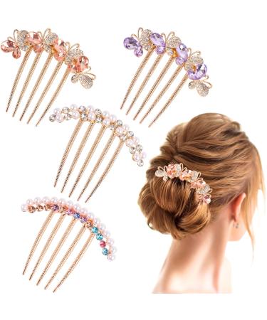 4 Pcs Pearl Rhinestones Hair Side Combs for Women Accessories  Crystals Butterfly Hair Fork Clip for Updo Bun  Decorative Hair Combs Teeth Hair Pin for French Twist Women Girls Vintage Hair Styling Accessories