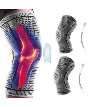 AmRelieve Ultra Knee Elite Compression Sleeve, AmRelieve Knee Brace with Side Stabilizers, Professional Knee Brace for Men Women, 3D Knee Compression Pad, for Relief Joint Pain (L, 2) L Grey 2