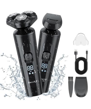 SweetLF Men's Electric Razor - Wet & Dry Cordless Rechargeable Rotary Shaver with Sideburns Trimmer IPX7 Waterproof LED Display Ultra-Lightweight for Travel Ergonomic Grip Blue
