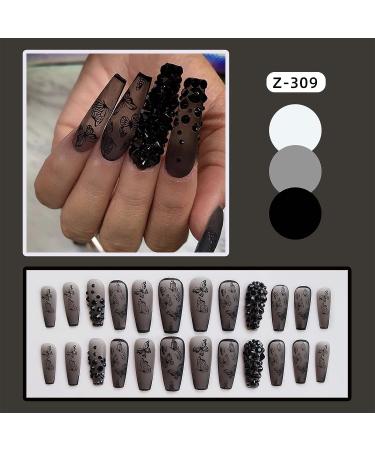 VOTACOS Long Coffin Black Press on Nails with 3D Rhinestone Butterfly Design - Matte Full Cover Stick on False Nails for Women | G2 BLACK 3D - Buy Online on GoSupps.com
