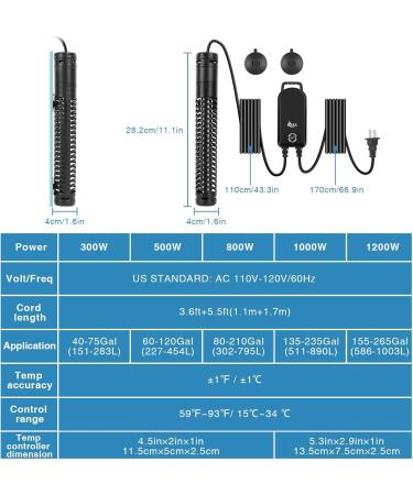 AQQA Aquarium Heater 300W/500W/800W/1000W/1200W - LED Display Over-Temperature Protection for Fresh & Saltwater Aquariums - Buy Online on GoSupps.com