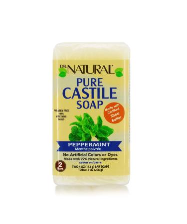 Dr. Natural Peppermint Castile Bar Soap 4 ounce Bars 2-Pack - Made with Essential Oils and Shea Butter Ultra-Moisturizing Body wash Facial Cleanser or Hand Soap