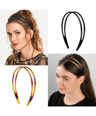 2-Pack Non-Slip Plastic Headbands for Women - Double Row Teeth Hair Hoops in Black & Brown - Simple and Chic Hair Accessory - Buy Online on GoSupps.com