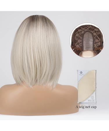 Dark Ombre White Bob Wig with Side-part and Dark Roots - Heat Resistant Synthetic Wig for Women - Buy Online on GoSupps.com