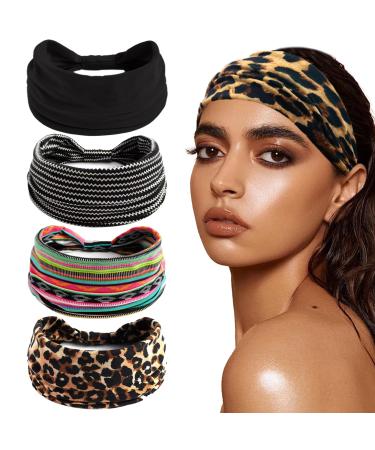 4 pieces of headband women elastic wide fashion hair band hair jewelry soft boho hair straps leopard print hair bands for women (black stripes)