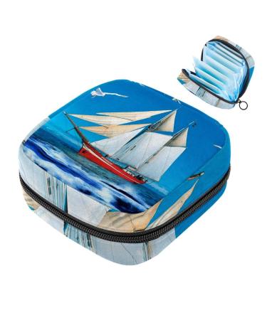 Menstruation pad bag with zipper women's napkin bag tampons collection bags for women and girls (sailboat seagull sea blue sky)