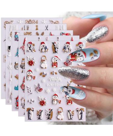 3D Christmas Nail Stickers 6 Sheets 5D Self-Adhesive Embossed Nail Decal Cartoon Penguins Snowman Snowflakes Nail Art Decoration Design Supplies