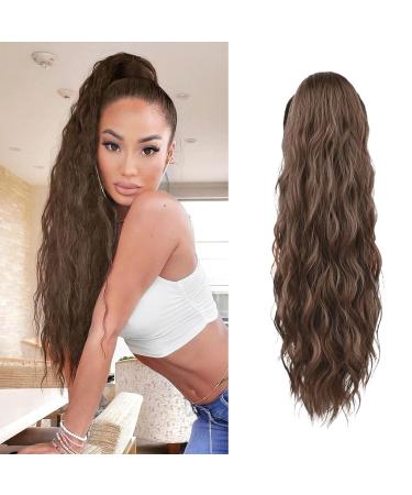 26 Inch Ponytail Extension Drawstring Ponytail Hair Extensions for Women Brown with Auburn Long Curly Wavy Ponytail Natural Wavy Synthetic Hairpiece for Women