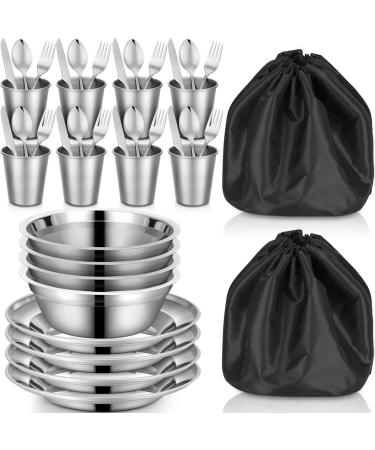 50 Pcs Camping Mess Kit Polished Stainless Steel Dishes Set Portable Dinnerware Utensils Tableware with Cups Plates Bowls Mesh Bag for Backpacking Hiking Camping Travel Picnic 8 Person Set