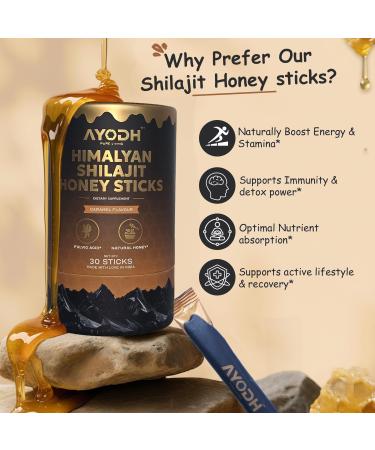 Himalayan Shilajit Honey Sticks with Natural Honey Caramel Flavor 30 Count 75%+ Fulvic Acid 85+ Trace Minerals Easy Single-Use Energy & Immunity Support Shilajit - Caramel - Buy Online on GoSupps.com