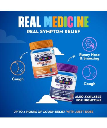 Mucinex Children's Mighty Chews Day and Night time Kids Cough Medicine Easy to Dose Cough Suppressant Kids Travel Medicine for Cough Mixed Berry Flavor 16 Chewable Tablets (Combo Pack) - Buy Online on GoSupps.com