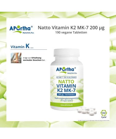 Aportha Vitamin K2 MK7 200 g - High-Dose Vegan 190 Tablets | All-Trans NATTO Supplement - Easy to Swallow - Best Vit K2 Alternative - Buy Online on GoSupps.com