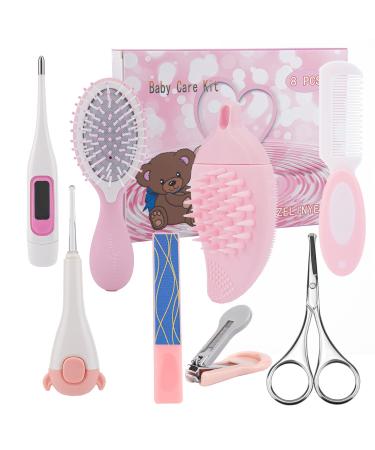 Baby Grooming Kit Baby Stuff for Newborn Include Bath Silicone Brush Hair Brush Comb Nail Clippers Nail File Round Head Scissors Ear Cleaner etc.Baby Needs Baby Girl Gifts Shower Gifts 8 pcs Pink