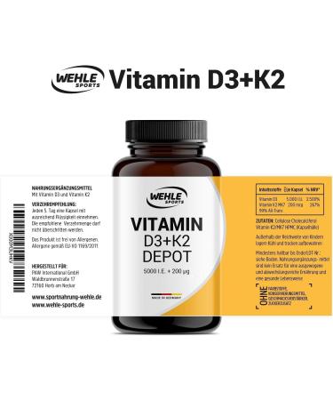 Vitamin D3 K2 Depot - 240 Capsules (5000 IU Vitamin D3 + 200 mcg K2 MK7) | Additive-Free Made in Germany - Buy Online on GoSupps.com