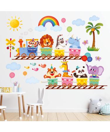 DECOWALL SG-2205 Colorful Animal Train Wall Stickers Jungle Animals Monkey Giraffe Decals for Kids Baby Living Room Nursery Bedroom Decorations Decor Removable
