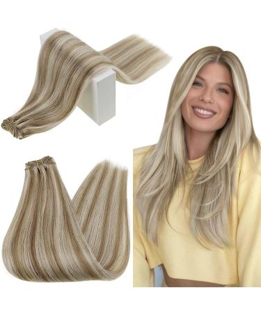Runatur Extensions real hair blond treat 30 cm short human hair hairy hair for sewing 1 breath ash brown with platinum blonde smooth real hair.