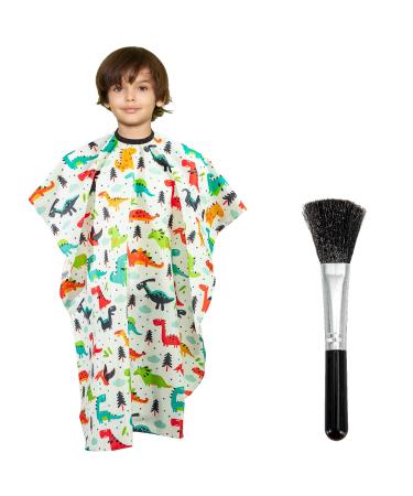 Gealaek Kids Haircut Cape and Neck Duster Brush Set with Dinosaur Pattern Kids Barber Cape 55x40 Inches for Boys & Girls Salon Cape Kit (White)