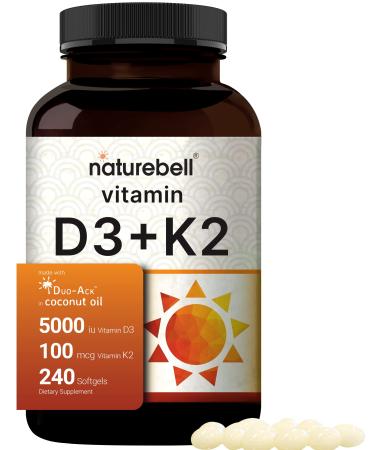 NatureBell Vitamin D3 K2 (MK7) with Virgin Coconut Oil 240 Softgels 5000 IU & K2 MK7 100mcg 2 in 1 Support Duo-Ack | 8 Months Supply | Third Party Tested Non GMO & No Gluten - Buy Online on GoSupps.com