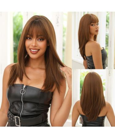 HAIRCUBE Brown Wigs for Women Long Straight Wigs with Fringe for Daily
