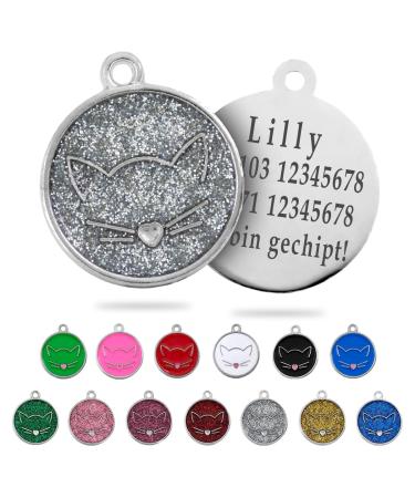 Ibera Gifts - Personalized cat brand for medium to large cats in a round form with a cat with engraved name collar brand address trailer cat necklace (silver glitter) silver glitter
