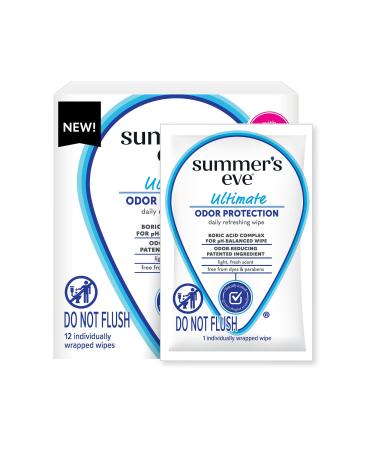 Summer's Eve Ultimate Odor Control Daily Feminine Wipes with Boric Acid Removes Odor On-the-go Body Wipes with pH Balance 12 ct Fresh 12 Count (Pack of 1)