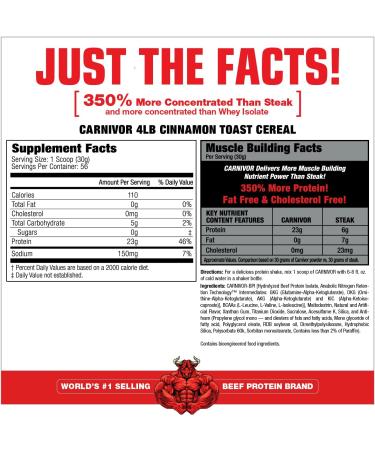 MuscleMeds Carnivor Beef Protein Isolate 0 Lactose 0 Sugar 0 Fat 0 Cholesterol Cinnamon Toast Cereal 4 Lb 56 Servings Cinnamon Toast 4 Pound (Pack of 1) - Buy Online on GoSupps.com