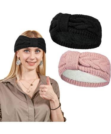 Winter Knit Thermal Headbands Women Knitted Bow Velvet Ear Warmer Headband for Ladies Girls Elastic Crochet Hairbands Thick Turban for Running Shopping black pink - Buy Online on GoSupps.com
