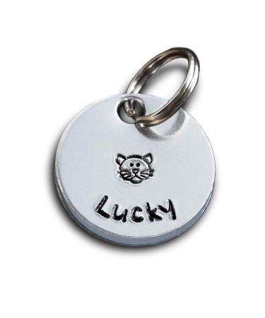 Personalised Cat Tag. Put your cat's name on an aluminium round disc featuring a hand-stamped cat. Pet Id Tag. Pet Name Tag.