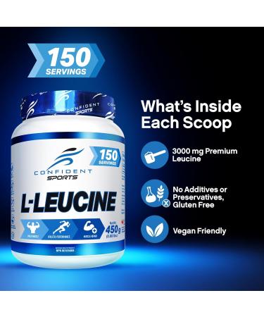 Confident Sports Leucine Supplement - 100% Ultra-Pure L-LEUCINE Supplements for Muscle Growth - Essential Amino Acids Supplement for Post-Workout Recovery - 450 Gram - 150 Servings -150 Day Supply - Buy Online on GoSupps.com