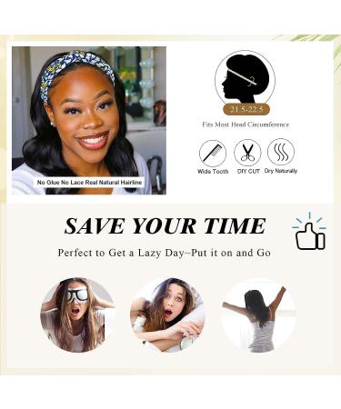 LEOSA 12 Inch Body Wave Headband Wig for Black Women - Glueless Short Bob Non Lace Front Synthetic Hairpiece - Machine Made Loose Deep Wave Headwrap Wig in 1B - Buy Online on GoSupps.com