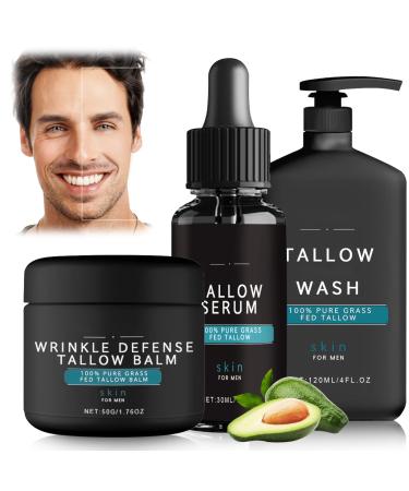 Wrinkle Defense Tallow Balm Skin Care for Men Natural Tallow Moisturizer Face Beef Tallow Balm Face Moisturizer Diminish Fine Lines Wrinkles | Mens Skincare Kit(Cream & Face Wash & Night Serum)
